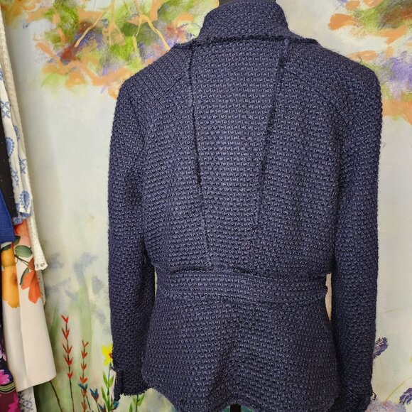 Navy Blue Textured Knit Jacket With Gold Buttons & Zipper Closure - Picture 4 of 10